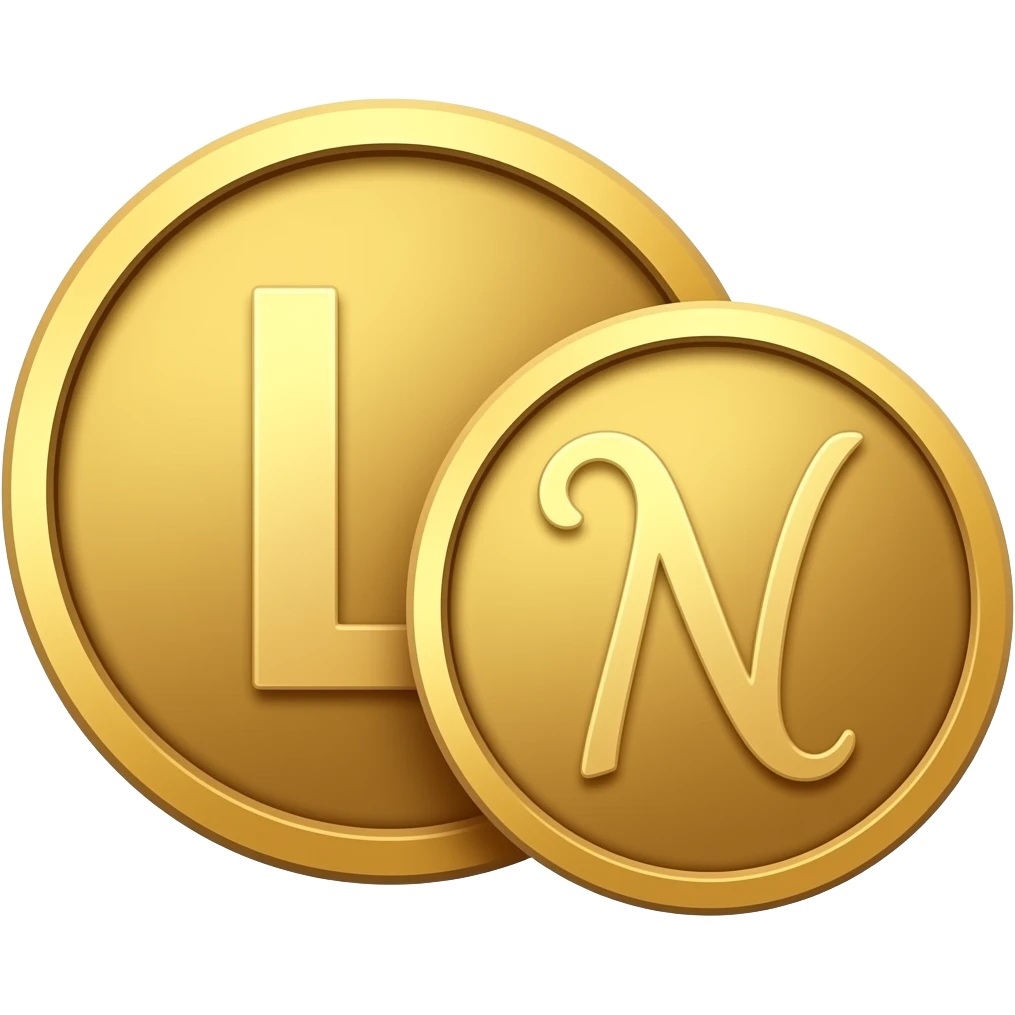 2 gold coins one with the letter "L" and the other with the letter "N" written in cursive letters side by dide emoji