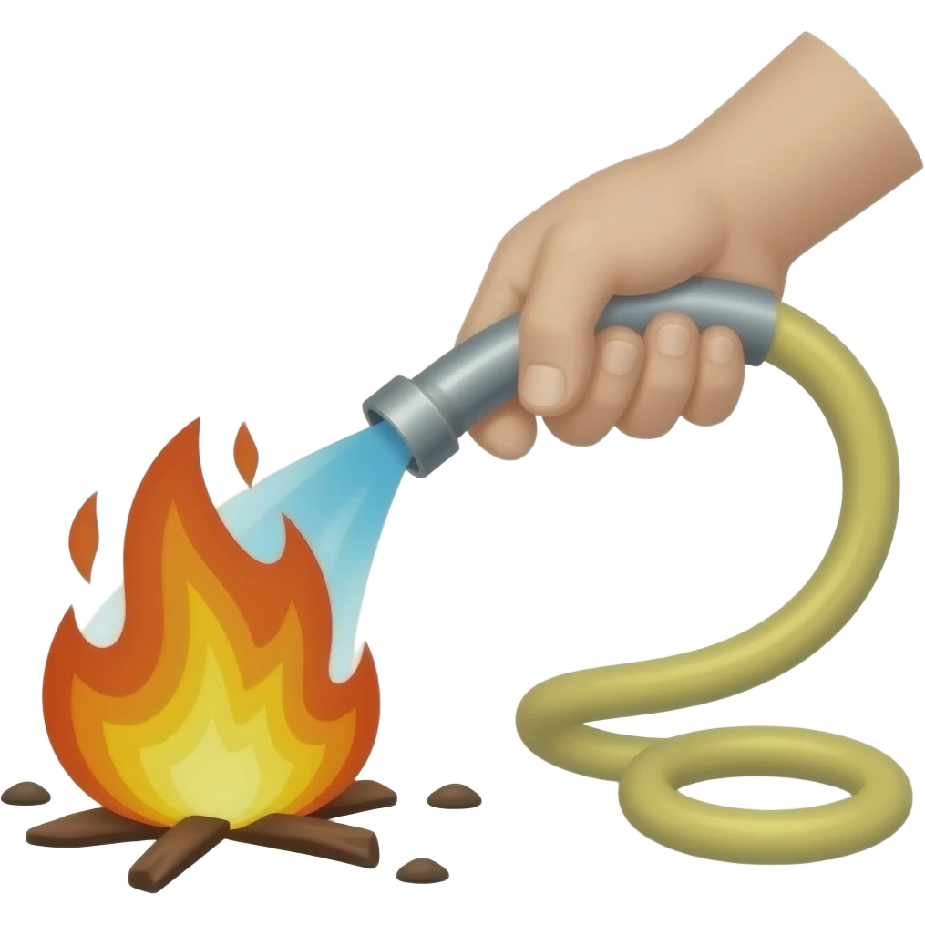 una mano con una manguera apagando un fuego en el piso emoji