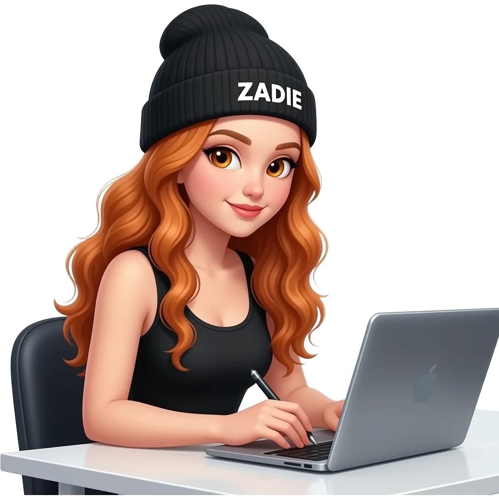 sexy girl with overlong wavy ginger hair and ginger eyes wearing a black tanktop and a black beanie with ZADIE written on it,  is writing on a desktop emoji