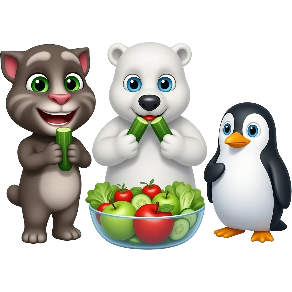 Talking Tom and polar bear and penguin 🥣🥒🍎 Eat your vegetables okay polar bear emoji