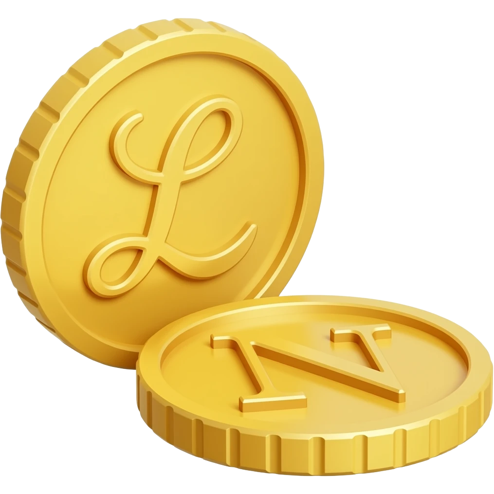 2 gold coins one with the letter "L" and the other with the letter "N" written in cursive letters emoji