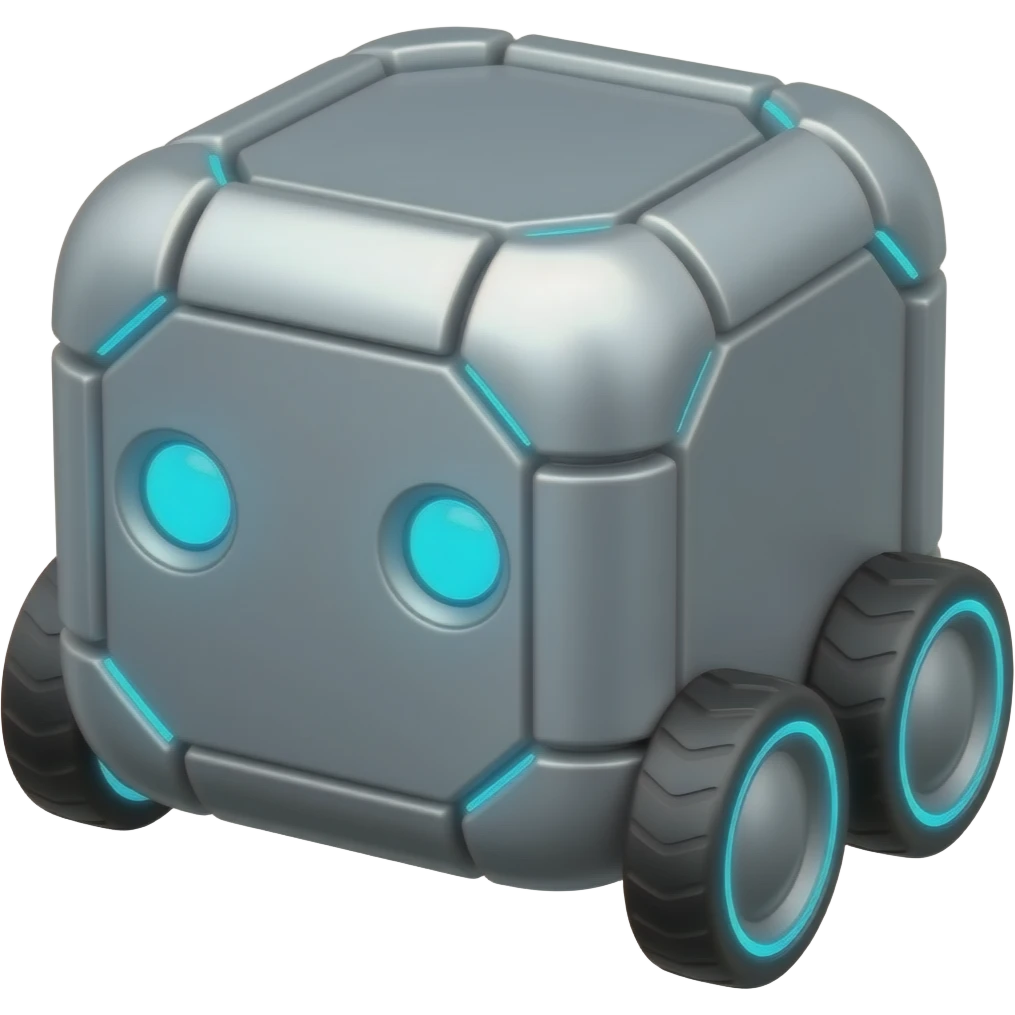 a futuristic wheeled cube with blue led eyes emoji