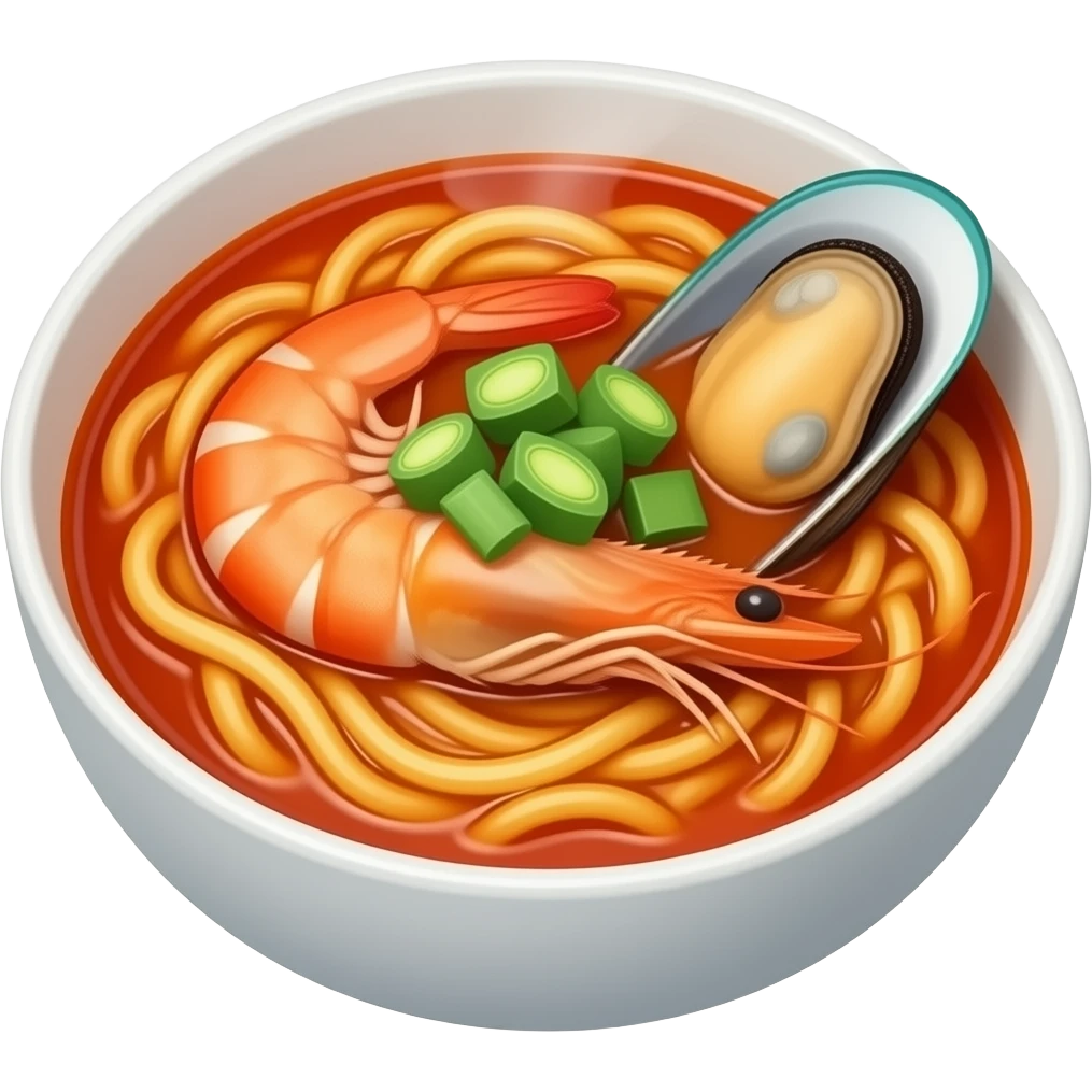 3D emoji style Korean jjamppong in a white bowl, 
glossy spicy red broth with yellow noodles, 
visible shrimp, mussel shell, and green scallion pieces on top, 
steam rising subtly, top-down 3/4 angle view, 
Apple emoji aesthetic, soft highlights, 
transparent background, bold simple shapes emoji