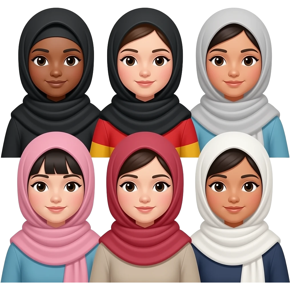 Make nine girls with the hijab one who is a black girl, one German girl, one Korean girl, one Japanese girl, two Indian girls, and one white girl and two more black girl emoji