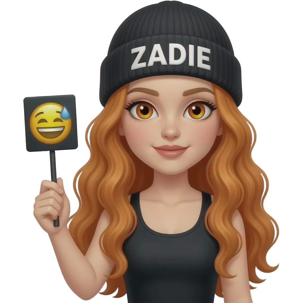 sexy girl with overlong wavy ginger hair and ginger eyes wearing a black tanktop and a black beanie with ZADIE written on it, is holding a black sign with 🤬 on it emoji