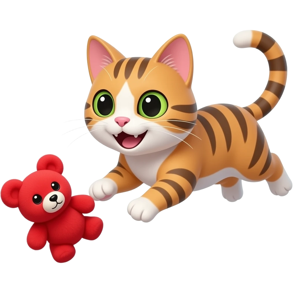 a happy cat chasing a toy emoji