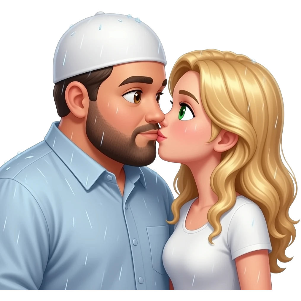 A Muslim heavyset big over weight who is boy with brown eyes and an American girl with blonde, long hair, wavy with green eyes skinny, both short kissing in the rain emoji