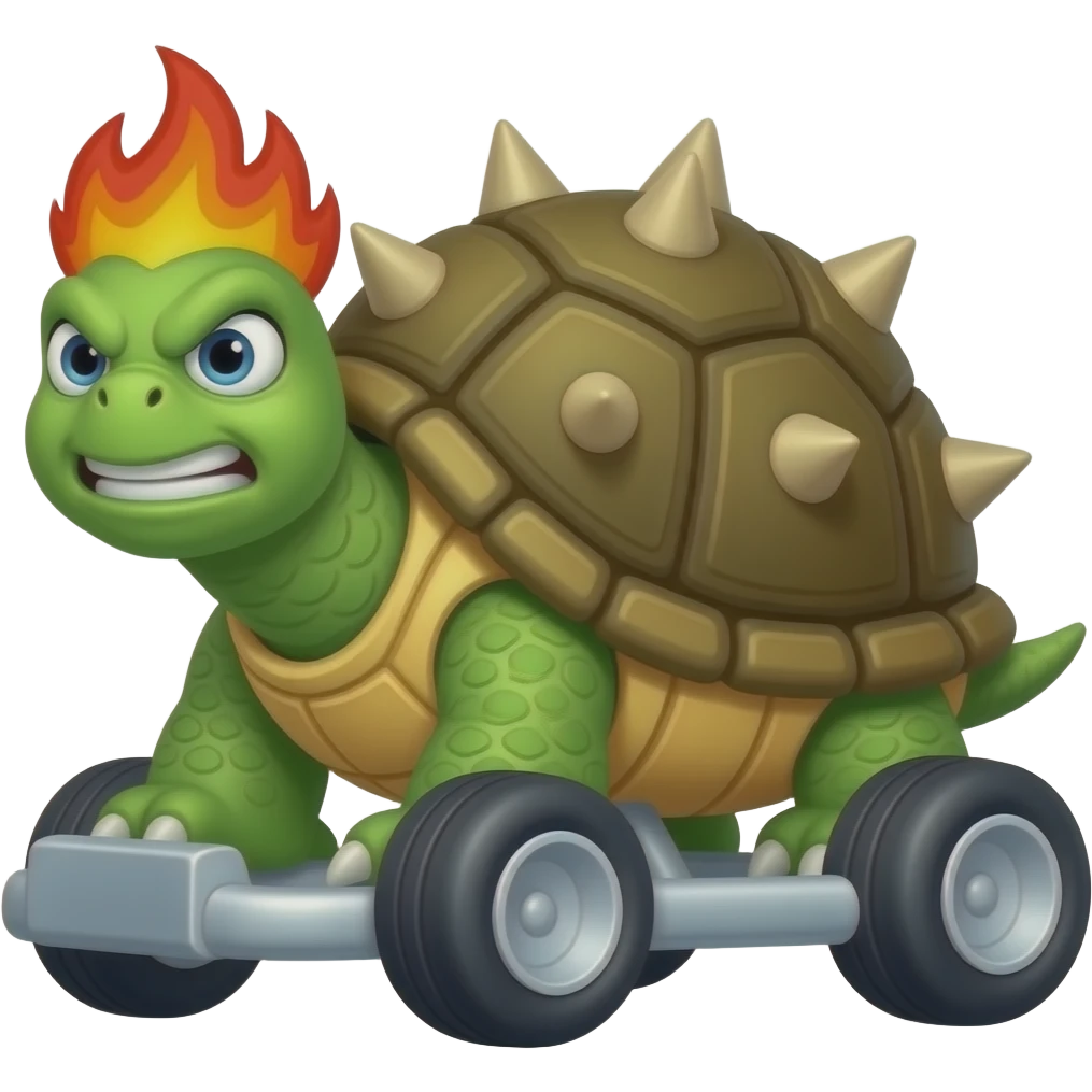 an angry smiling big turtle with spikes on its shell and red flames hair in a kart, front view emoji