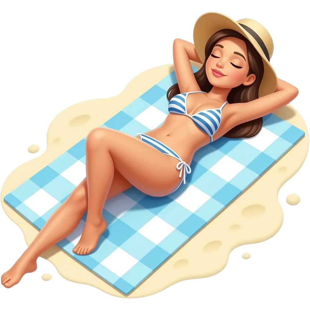 A bikini woman wearinga sun hat lying down on a beach towel tanning on the beach with eyes closed emoji