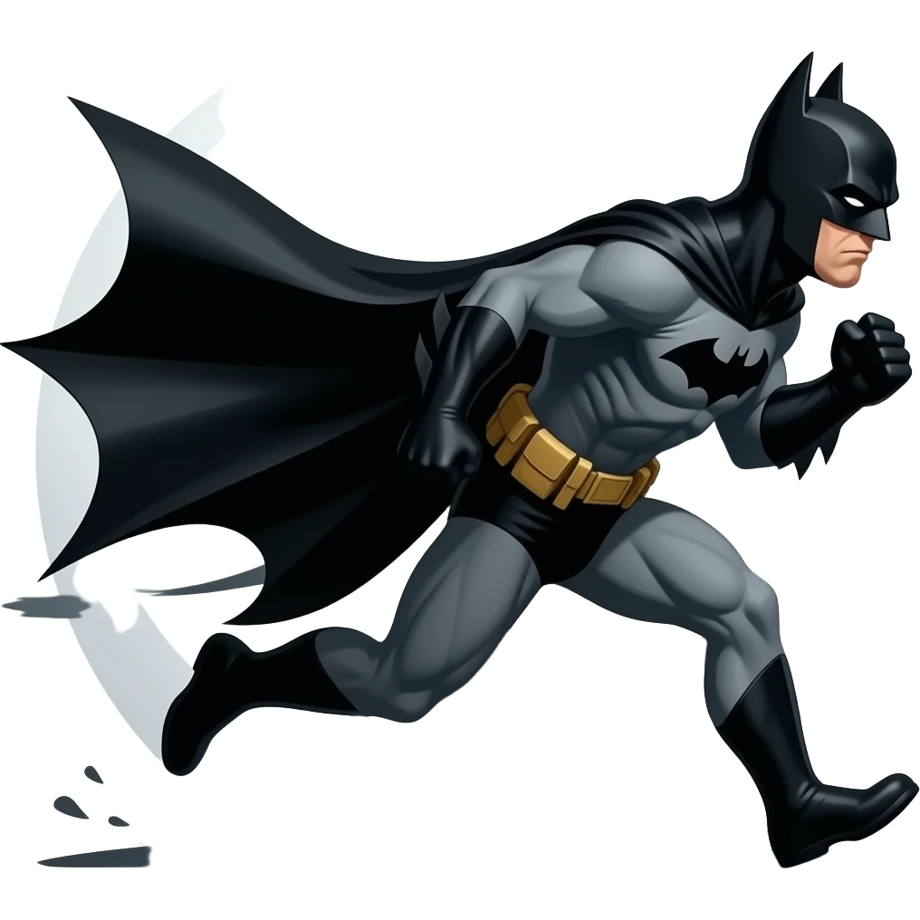Night scene. Batman being chased in a dark street at night. Exaggerate longer cape emoji