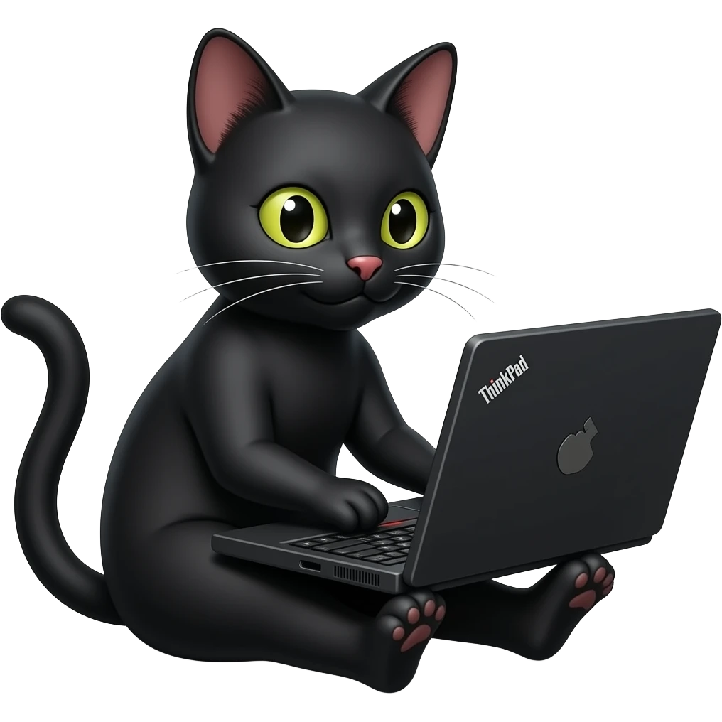 Черная вислоухая кошка работает за черным ноутбуком ThinkPad с красным трекпоинтом. emoji