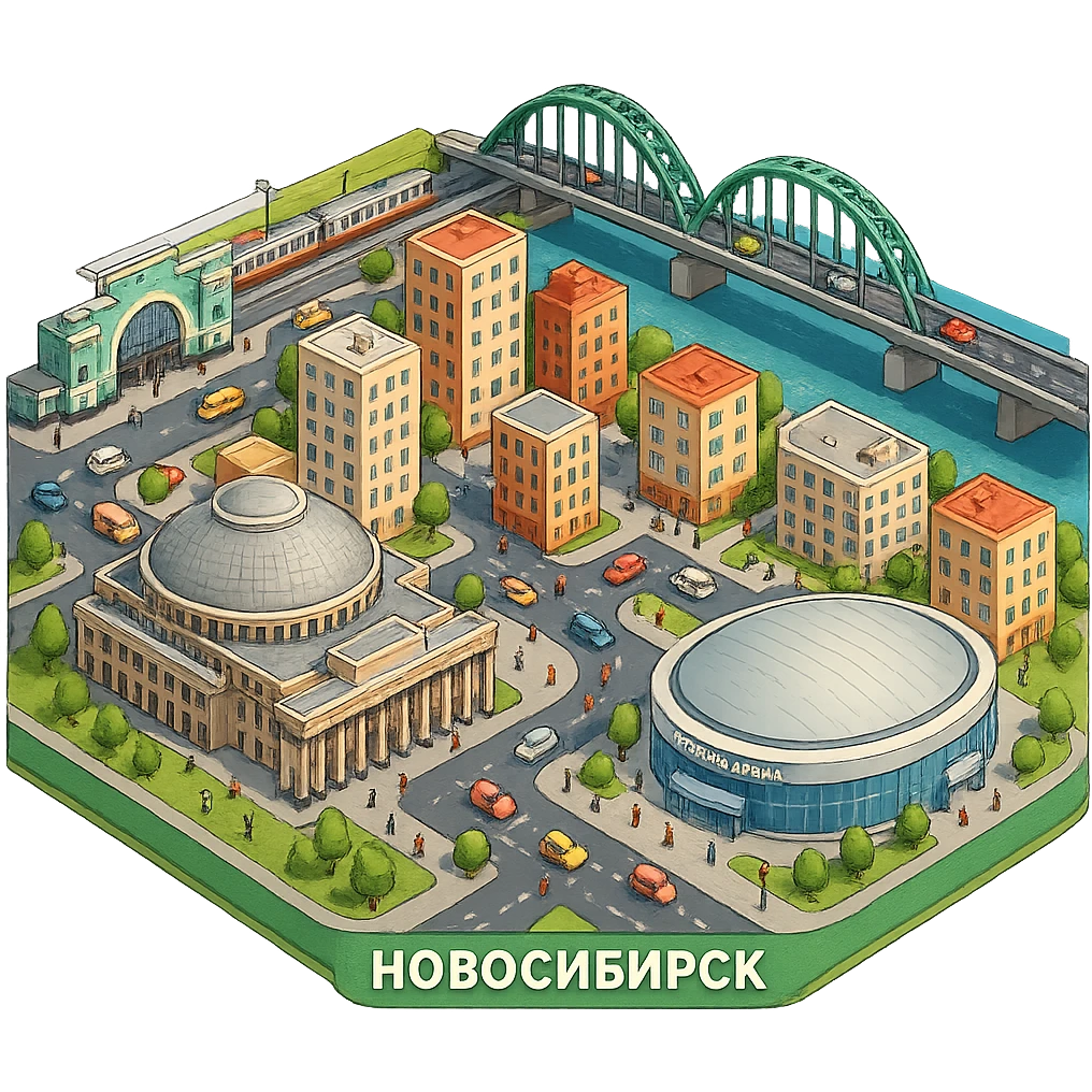 Изометричная миниатюрная фотореалистичная 3D модель Новосибирска - Опера, Вокзал, мост через Обь, фотореалистичная Сибирь-Арена, дома, четкая детализация, яркие цвета, мультяшный реализм, люди, автотранспорт, компактная композиция, вид сверху в изометрии, прозрачный фон emoji