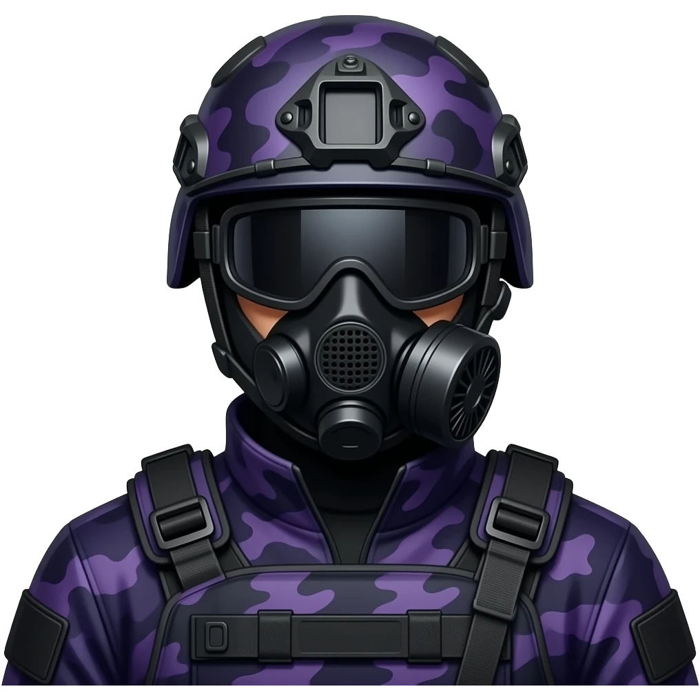 Man with two middle fingers black gogglesin dark purple camoflage tactical gear helmet full face dark purple gasmask emoji