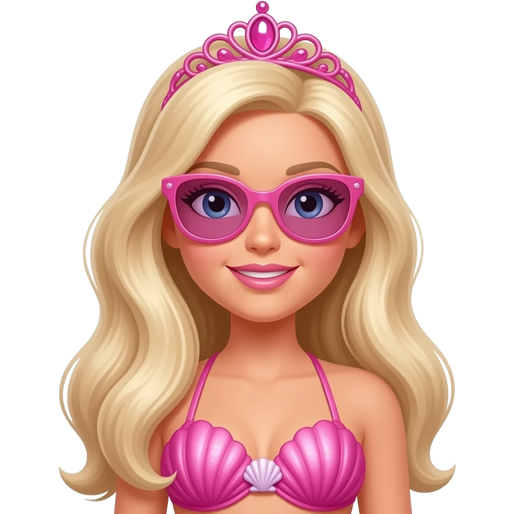 barbie merliah wearing a pink sunglasses a pink mermaid tail a pink Seashell bikini and a pink tiara emoji