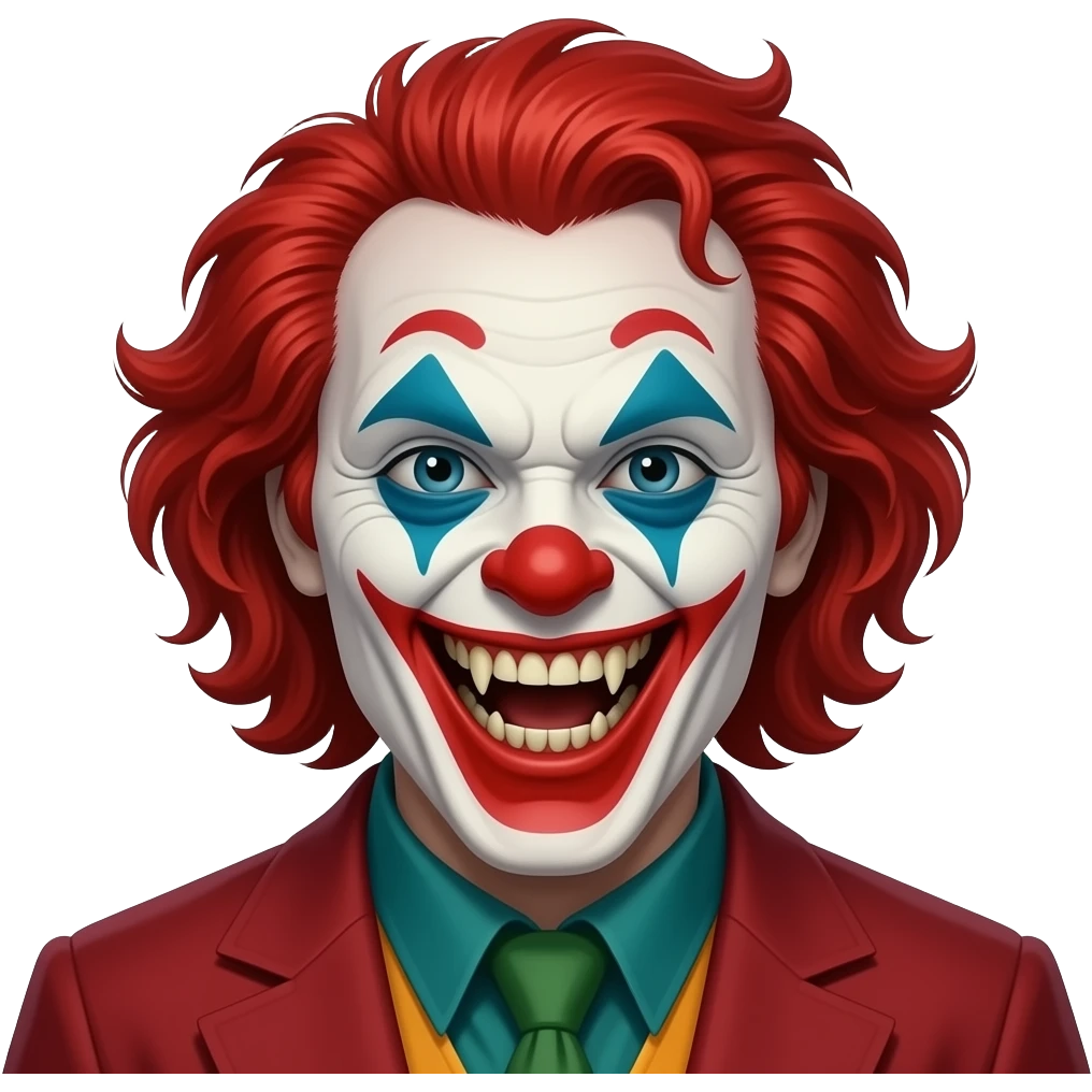 An evil clown with red hair, head only, wicked grin, hyper real, scary emoji