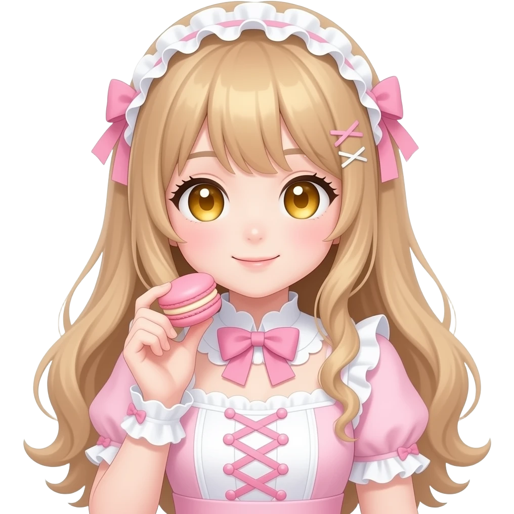 a light pink lolita hime gyaru dress with a macaron in hand, ios emoji styl soft big eyes golden eyes e emoji