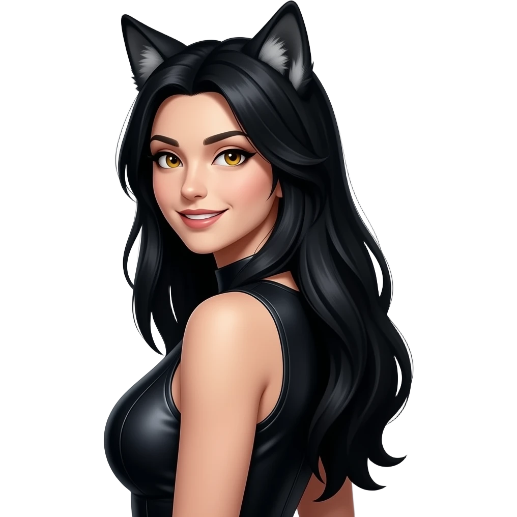 > “Female lycan portrait looking back, long black hair, wolf ears, subtle fang smile, sharp golden eyes,sleeveless dark leather dress, dark fantasy card art style, centered composition, dark background” emoji