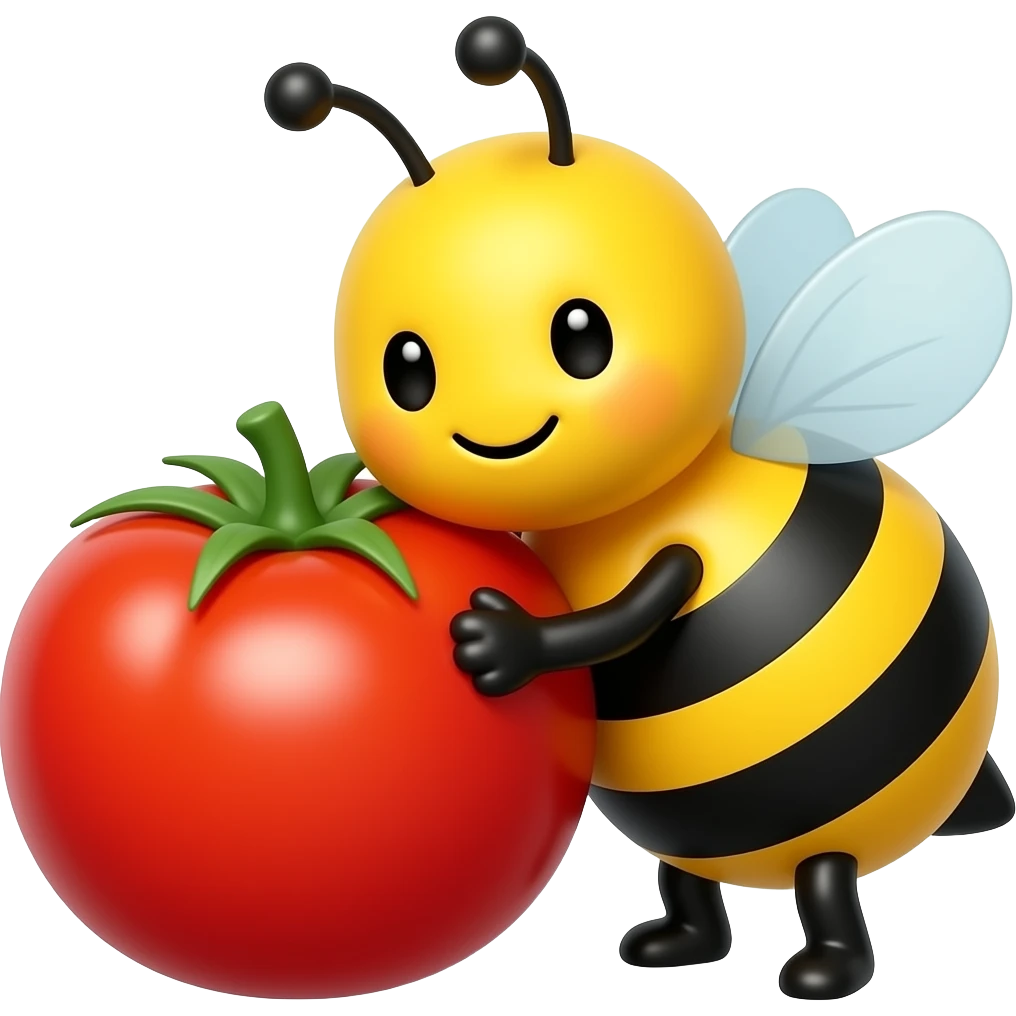 a yellow face cute bumblebee character hugging a big cherry tomato emoji