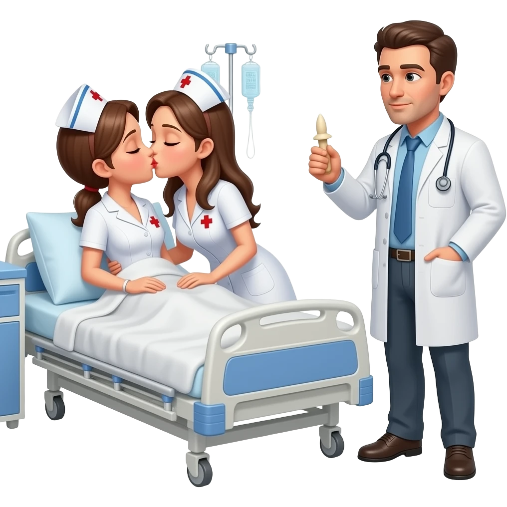 2 very large breasted completely naked, wearing no clothes, nurses, in a missionary position on bed, kissing, facing a naked doctor with a dildo in his hand emoji