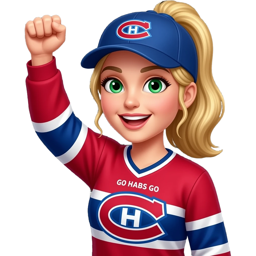 Green eyed Woman Cheering with arm in the air with blonde hair with pony tail, where Montreal Canadians cap and Go Habs Go written on jersey shirt. Put a black background emoji