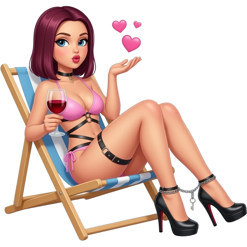 woman. burgundy, straight shoulder-length hair, sitting, sunbathing. baby pink bondage style bikini. very high fetish stiletto heels. Ankle chain with small key attached. glass of red wine in one hand. blowing kiss and pink hearts with other hand emoji
