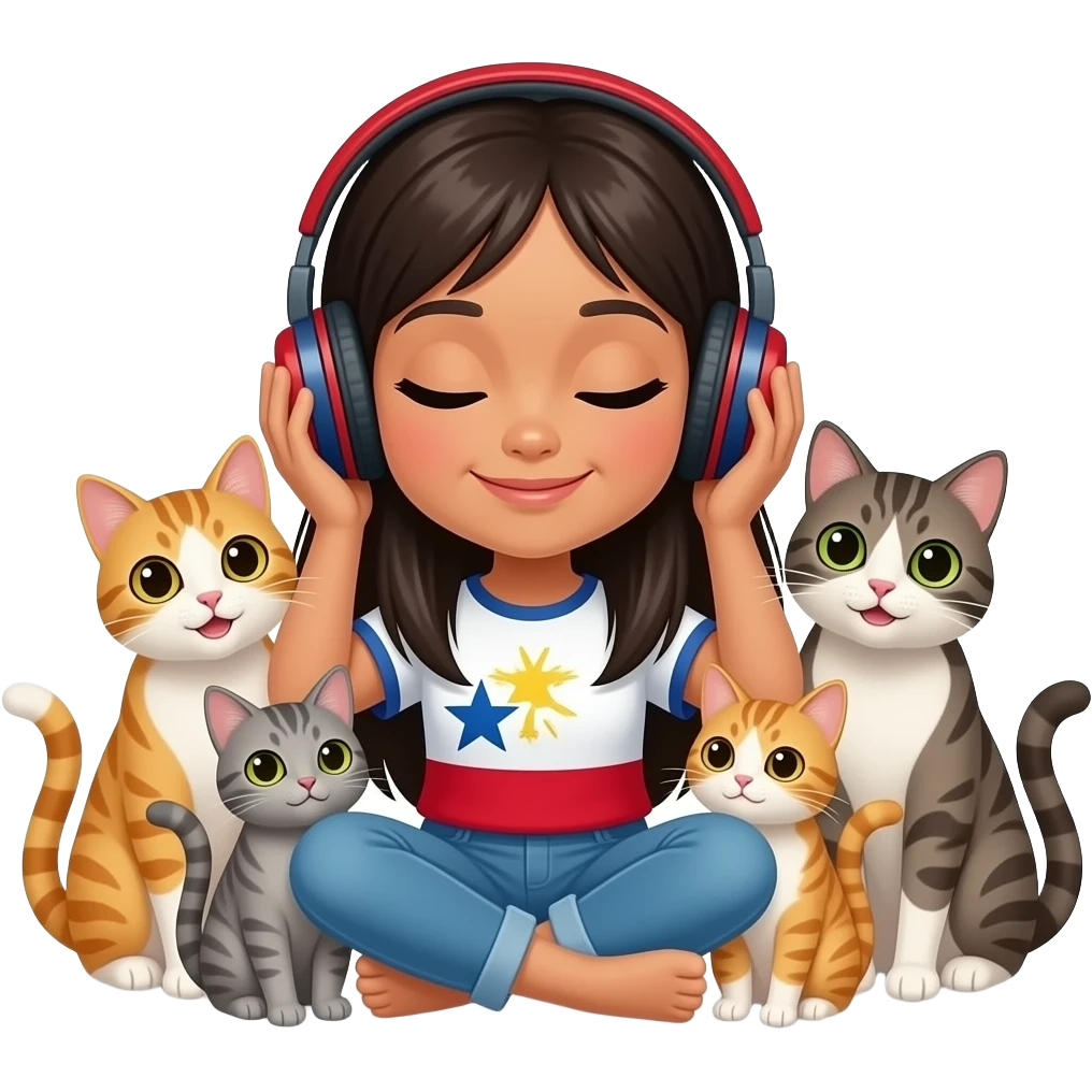 phillipina girl listening to music while surrounded by four long-haired cats of various colours emoji
