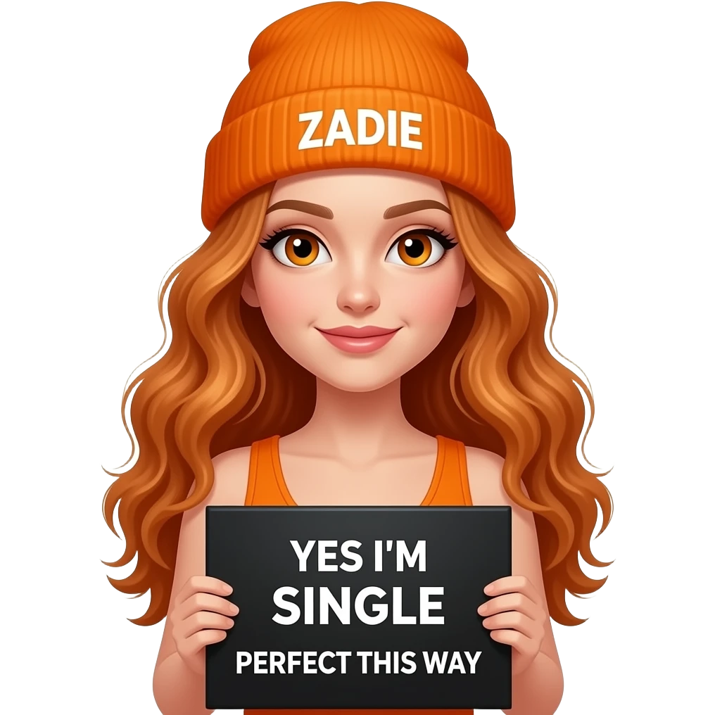 sexy girl with overlong wavy ginger hair and ginger eyes wearing a orange tanktop and a orange beanie with ZADIE written on it, is holding a black sign with YES I'M SINGLE and PERFECT this way written on it emoji