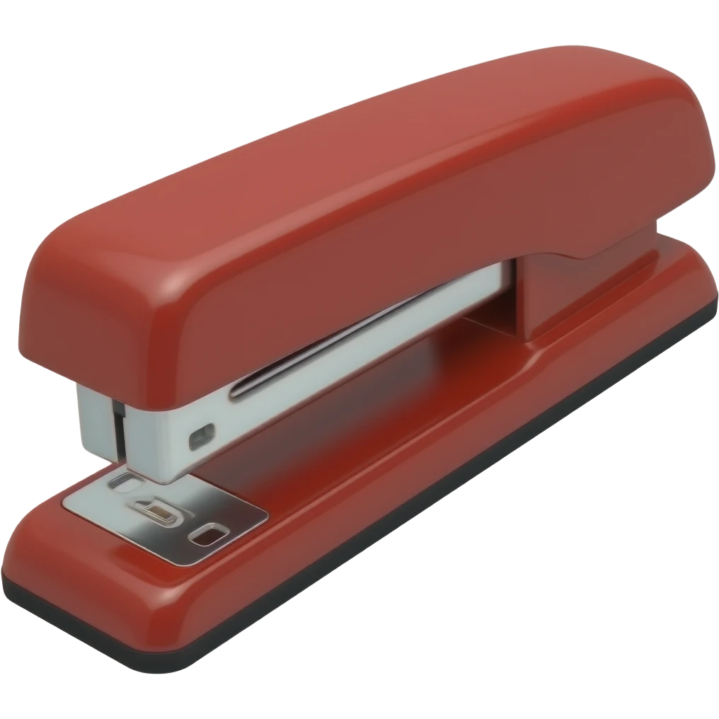 swingline shiny red stapler without stem coming off the stapler wide regular size longer longer and bright red profile view 12 inches long side view rotate left completely side view emoji