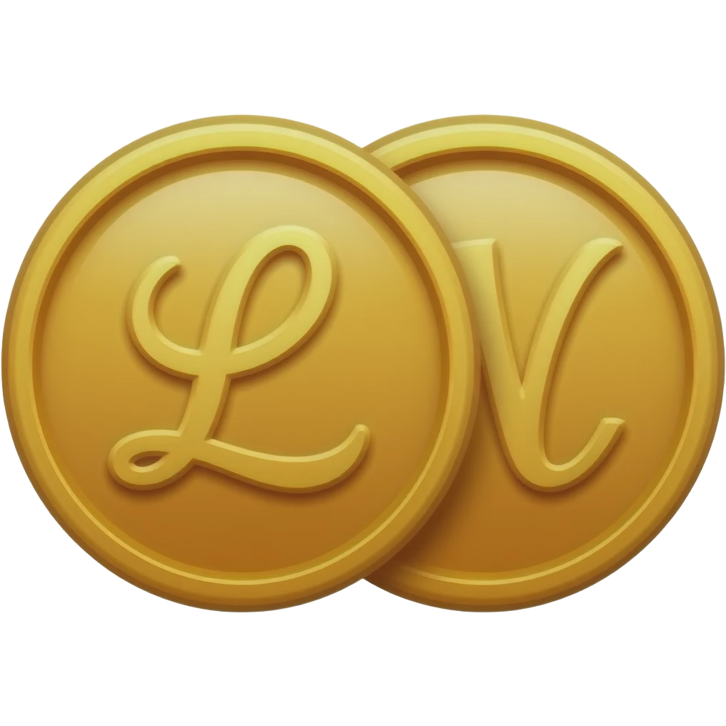 2 gold coins one with the letter "L" and the other with the letter "N" written in cursive letters side by side not together emoji
