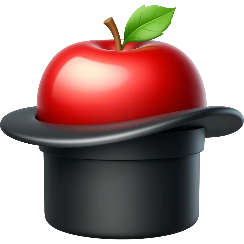 red apple popping out of black top hat emoji
