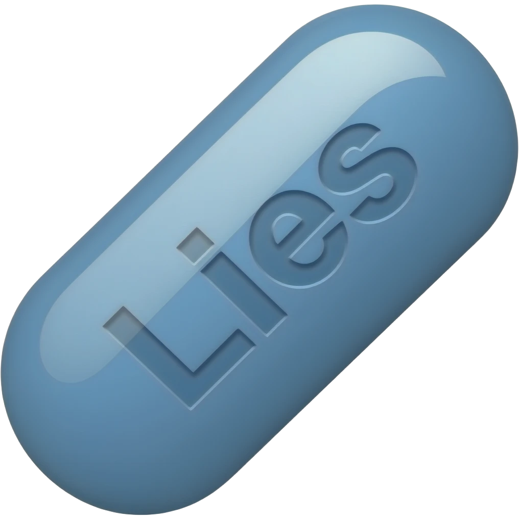 A blue solid oblong pill with "Lies" engraved in it at a 45 degree angle emoji