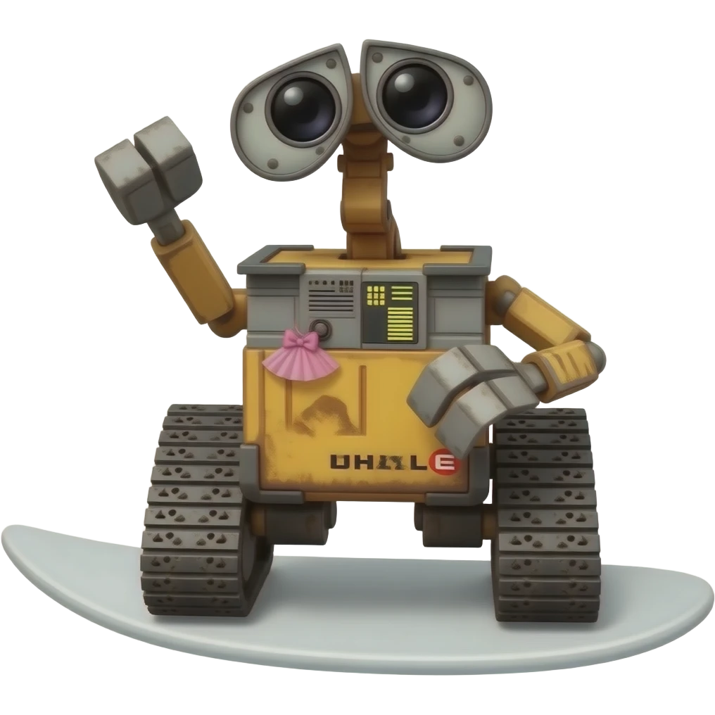 wall-e wearing a tiny tutu on a surfboard emoji
