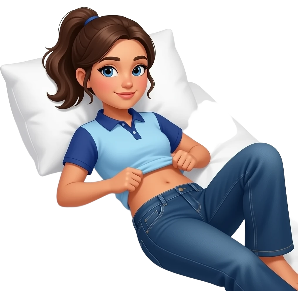 Hispanic girl with brown ponytail and blue eyes light blue and dark blue polo and dark blue baggy jeans and belly button laying down on her pillow on her bed lifting her shirt belly rolling emoji