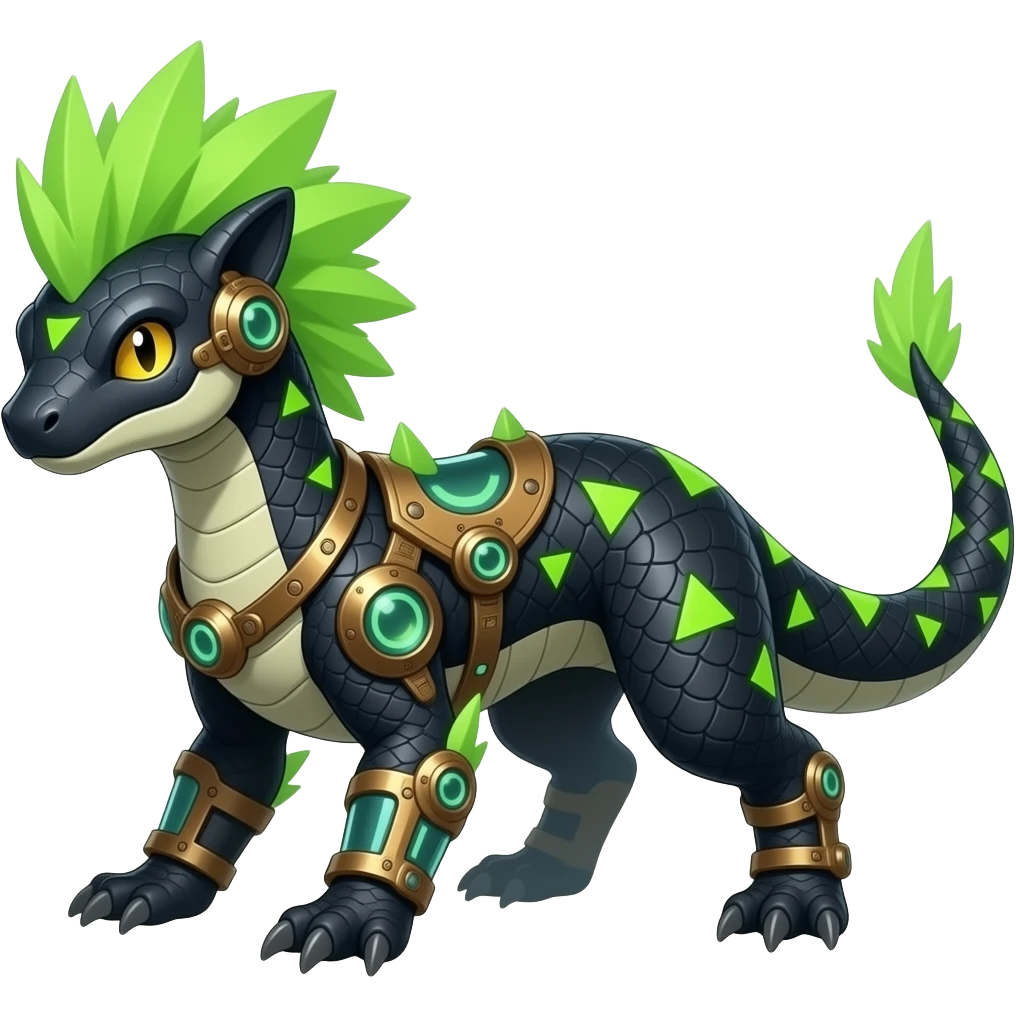 Cool edgy ancient black-scaled with neon-green triangular stripe markings digitigrade vintage futuristic raptorik fantasy-Cyberpunk-Steampunk-Solarpunk-Genesect-Salamence-Tyranitar-Brony-Vernid-Fionbri-Fakémon-animal-hybrid, with neon-green edgy feathery Mohawk, full body emoji