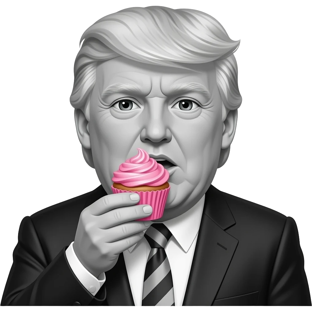 Trump as a black and white cartoon eating pink cup cake emoji