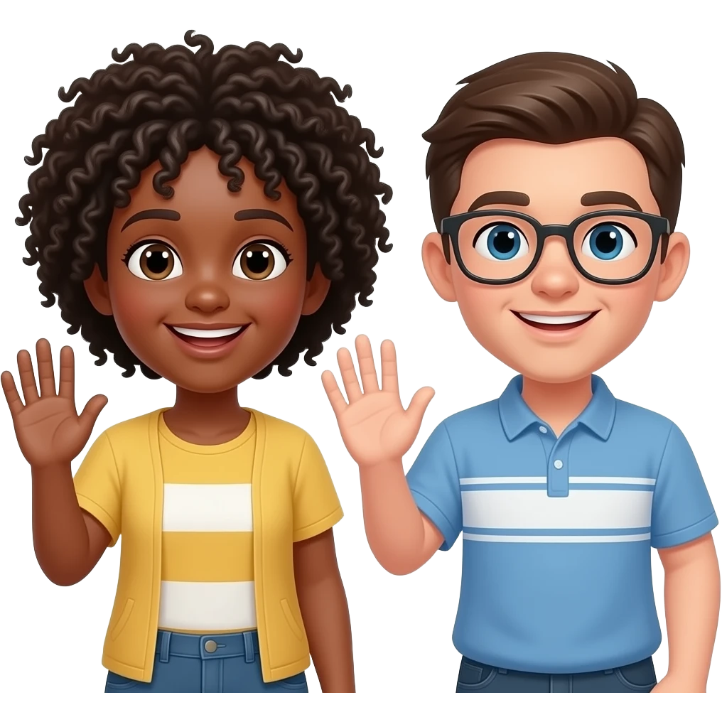 Freineds whith beown hair and one whith glasse waving to eachother emoji