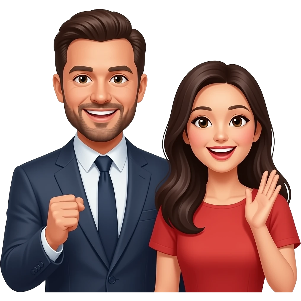 A bearded celebrity man and Asian celebrity woman being being cheered by a crowd in the street emoji