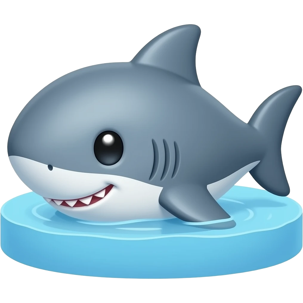 Cute friendly swimming shark emoji, full body, soft blue-gray skin, round body shape, tiny fins, big sparkling eyes, small smile, not scary emoji