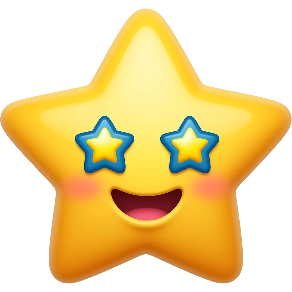 A cute 🤩 star-struck emoji character, bright cheerful expression with star-shaped eyes sparkling, cartoon style, vibrant colors, white background, high quality illustration emoji