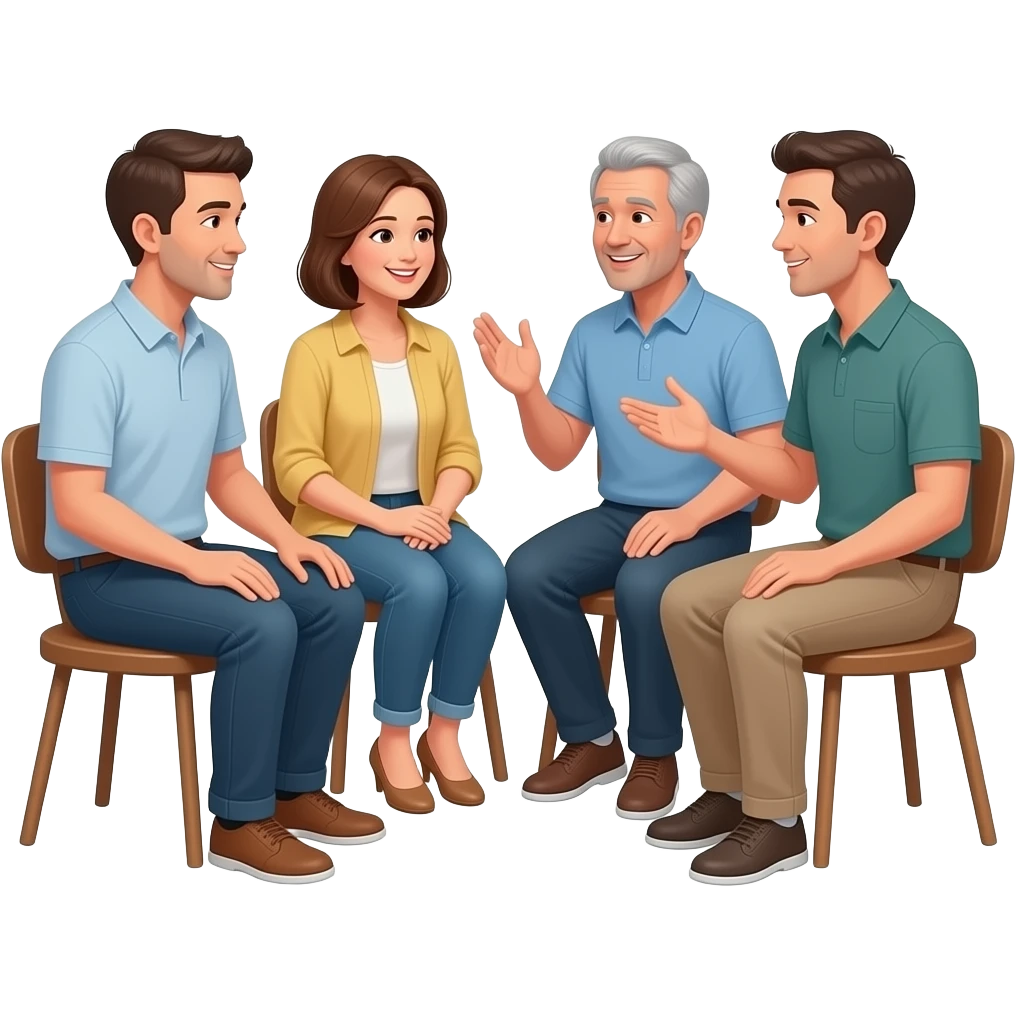 grupo de 4 adultos mujeres y hombres de edad de 40 a 60 años joviales, padres de adolescentes conversando en ronda, sentados emoji
