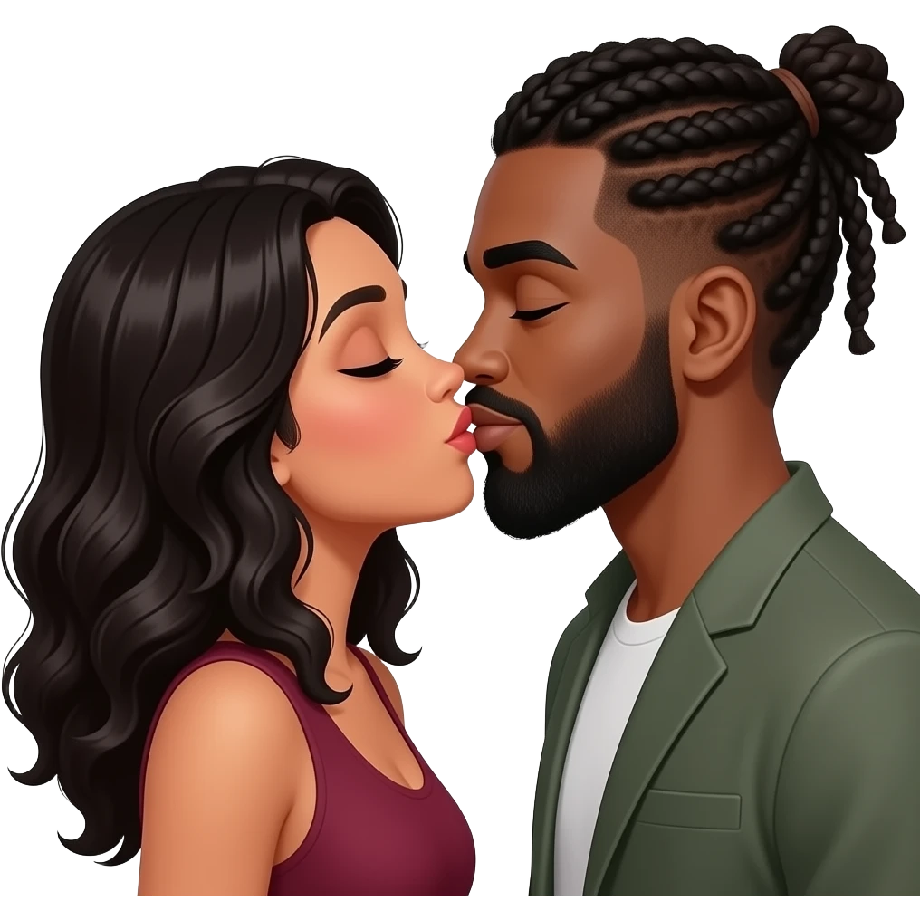 Black hair Hispanic girl with wavy hair and black guy with black cornrows and thick beard kissing emoji
