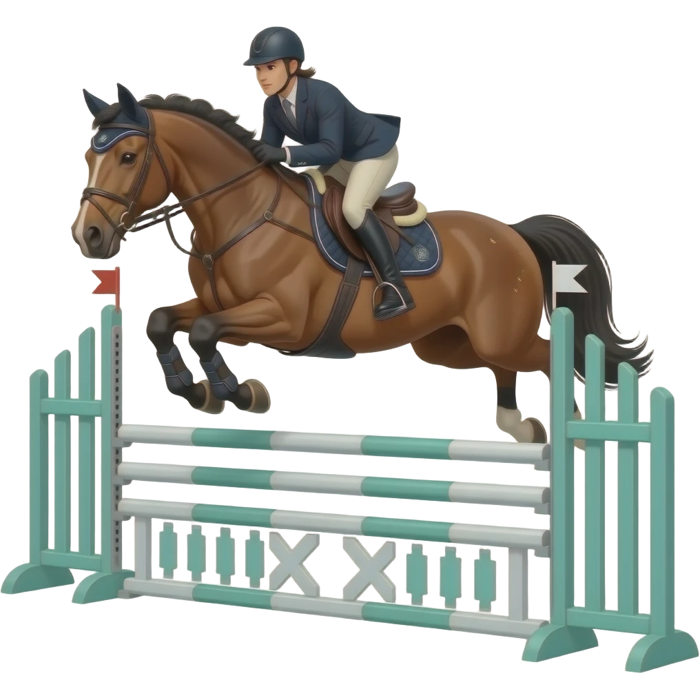 flea bitten horse jumping over a cross country jump with mint tack emoji