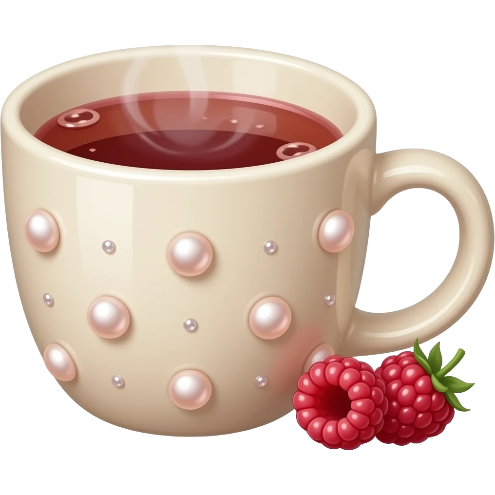 soft beige mug filled with steaming hot raspberry tea, decorated with blush beige pearl and sparkly embellishments (aesthetic, cute) emoji