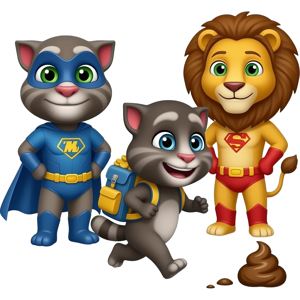 Mimi Talking Tom walking Mimi raccoon running money backpack with coin I add superhero Tom I add superhero lion watch out the raccoon poop emoji
