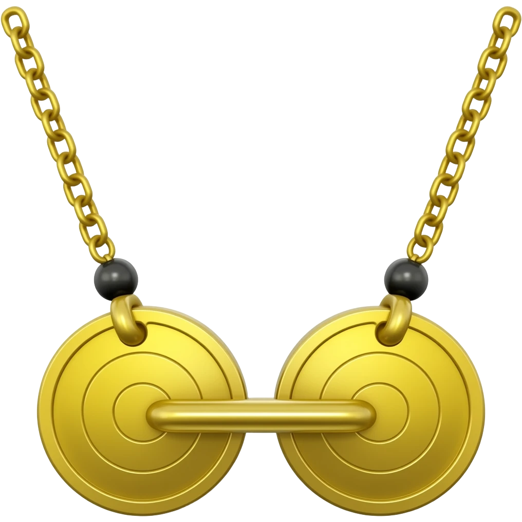 Yellow threaded chain with a tiny black bead on either side of a pendant made of two circular golden discs and a rod between them emoji