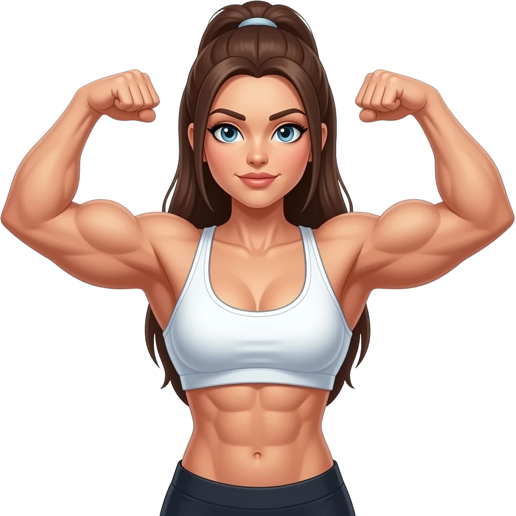 A medium shot captures a powerfully built woman with a muscular physique, his chest and arms prominently displayed. sHe wears a tank top emoji