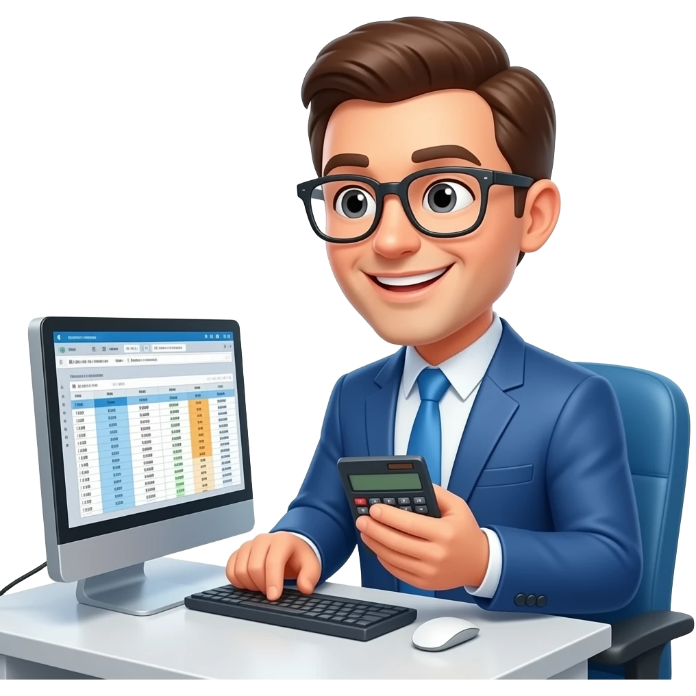 accountant specialist with calculator , pc screen , smiling emoji