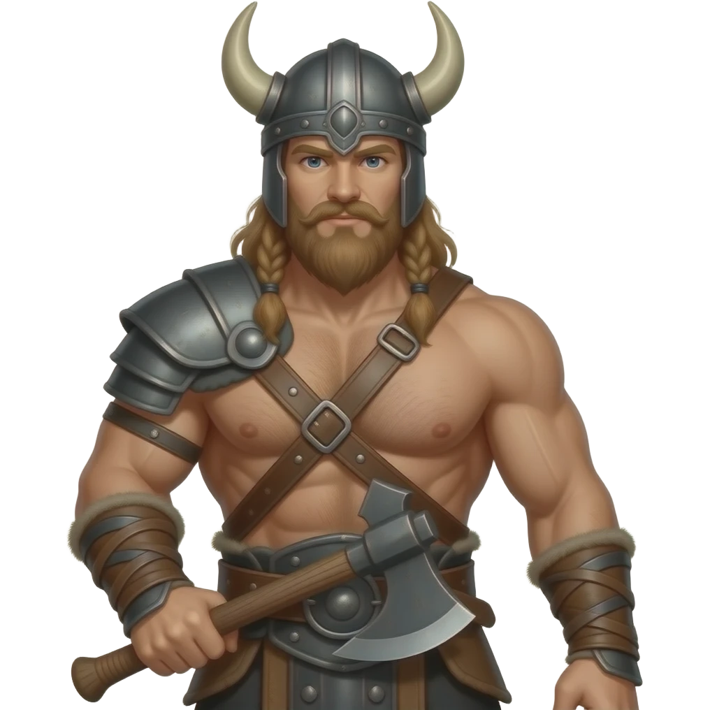 Vikinger mit nackten maskulinen behaarten Oberkörper und starker Brust, mit Leder Riemen und Schulterpanzer. Er trägt eine Axt und ein Helm emoji
