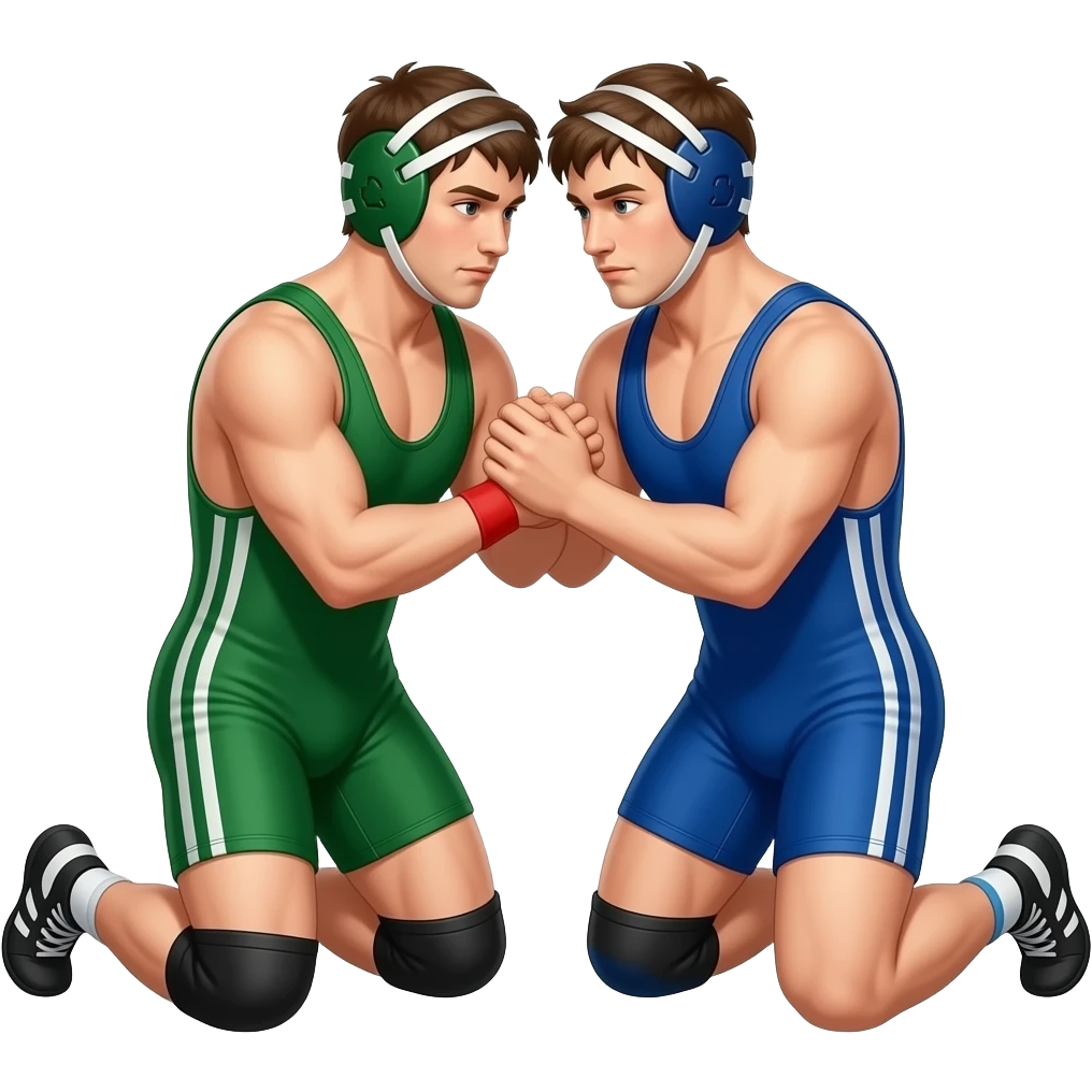 Erstelle ein Bild von zwei Wrestler in kurzen, knappen und engen Wrestler-suits, die beiden haben unterschiedlich Farben an (Grün und blau) und sie ringen liegend miteinander auf dem Boden kniend emoji