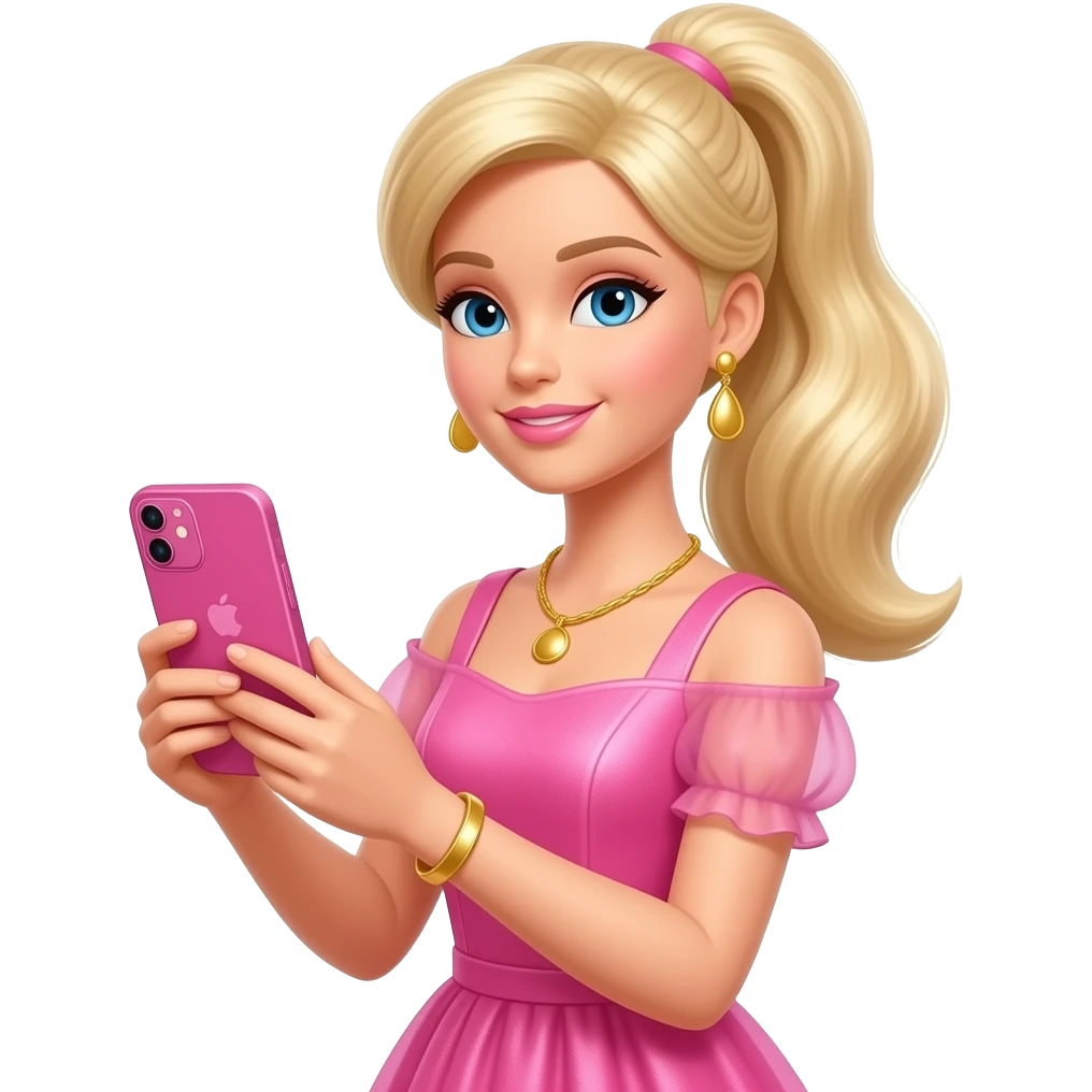 a blonde Barbie with one pigtails, wearing a pink dress, holding a pink smartphone, and wearing gold jewelry emoji